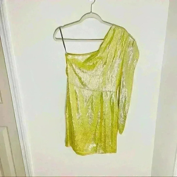 NEW Monique Lhuillier One Shoulder Citron Metallic Dress Wedding Formal Silk - Picture 5 of 8